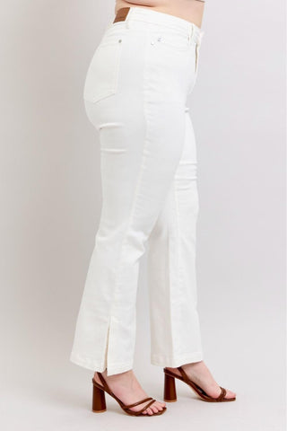Judy Blue High Waist Garment Dyed White Side Slit Slim Bootcut Denim Jeans 88975