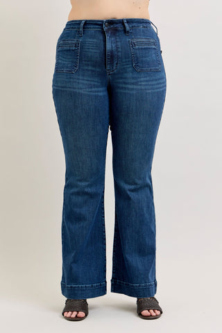 Judy Blue High Waist Mitered Pocket & Pintuck Flare Denim Jeans 881079