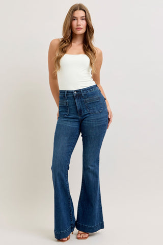 Judy Blue High Waist Mitered Pocket & Pintuck Flare Denim Jeans 881079