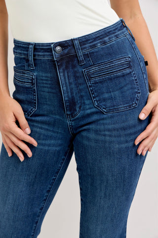 Judy Blue High Waist Mitered Pocket & Pintuck Flare Denim Jeans 881079