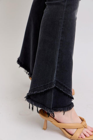 Judy Blue High Waist Mock Fray Tulip Hem Black Flare Denim Jeans 82649