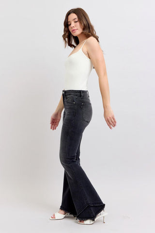 Judy Blue High Waist Mock Fray Tulip Hem Black Flare Denim Jeans 82649