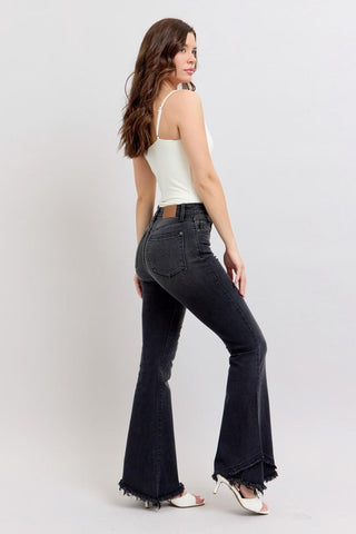 Judy Blue High Waist Mock Fray Tulip Hem Black Flare Denim Jeans 82649