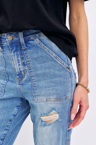 Judy Blue High Waist Patch Pocket & Destroy Boyfriend Denim Jeans 88825