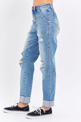 Judy Blue High Waist Patch Pocket & Destroy Boyfriend Denim Jeans 88825