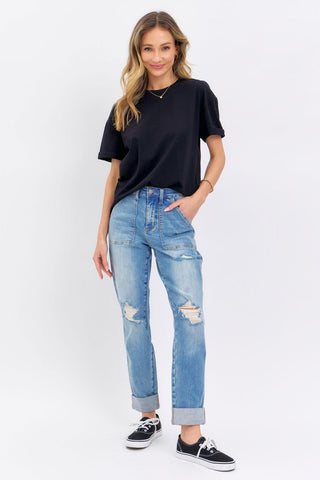 Judy Blue High Waist Patch Pocket & Destroy Boyfriend Denim Jeans 88825