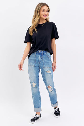 Judy Blue High Waist Patch Pocket & Destroy Boyfriend Denim Jeans 88825
