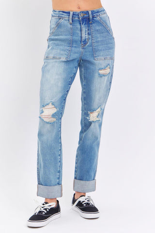 Judy Blue High Waist Patch Pocket & Destroy Boyfriend Denim Jeans 88825