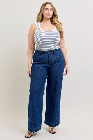 Judy Blue High Waist Patch Pockets & Twisted Seam Retro Wide Leg Denim Jeans 881092