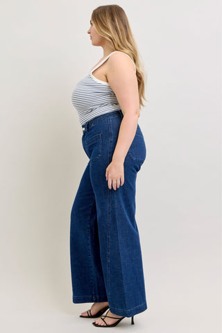 Judy Blue High Waist Patch Pockets & Twisted Seam Retro Wide Leg Denim Jeans 881092