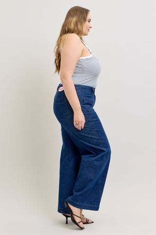 Judy Blue High Waist Patch Pockets & Twisted Seam Retro Wide Leg Denim Jeans 881092