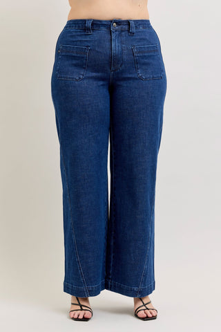 Judy Blue High Waist Patch Pockets & Twisted Seam Retro Wide Leg Denim Jeans 881092
