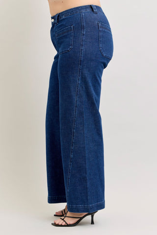 Judy Blue High Waist Patch Pockets & Twisted Seam Retro Wide Leg Denim Jeans 881092