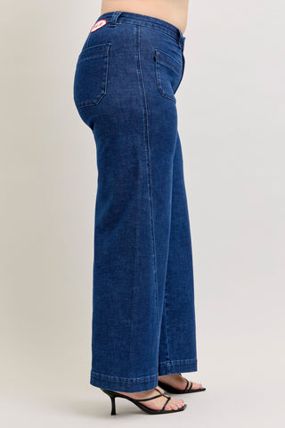 Judy Blue High Waist Patch Pockets & Twisted Seam Retro Wide Leg Denim Jeans 881092