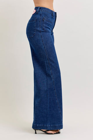 Judy Blue High Waist Patch Pockets & Twisted Seam Retro Wide Leg Denim Jeans 881092