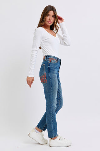 Judy Blue High Waist Plaid Patch Slim Denim Jeans 88868