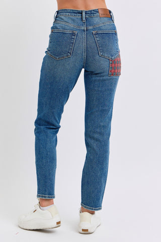 Judy Blue High Waist Plaid Patch Slim Denim Jeans 88868