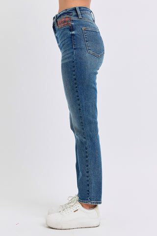 Judy Blue High Waist Plaid Patch Slim Denim Jeans 88868
