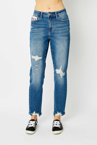 Judy Blue High Waist Queen of Hearts Coin Pocket Boyfriend Denim Jeans 88569