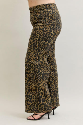 Judy Blue High Waist Retro Leopard Wide Leg Denim Jeans 881022
