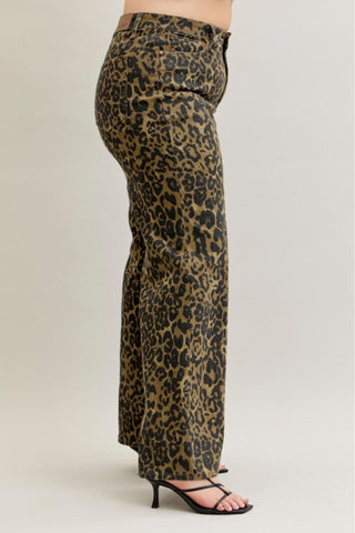 Judy Blue High Waist Retro Leopard Wide Leg Denim Jeans 881022