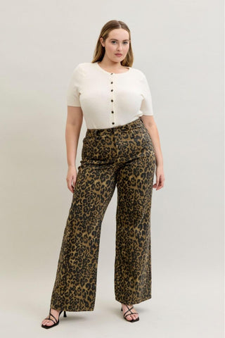 Judy Blue High Waist Retro Leopard Wide Leg Denim Jeans 881022
