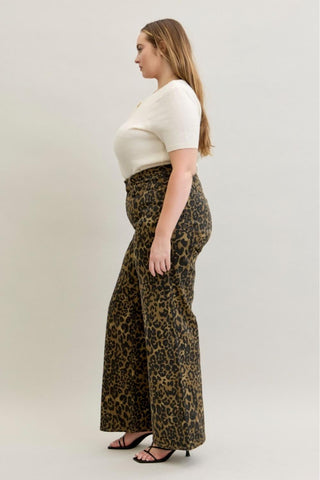 Judy Blue High Waist Retro Leopard Wide Leg Denim Jeans 881022