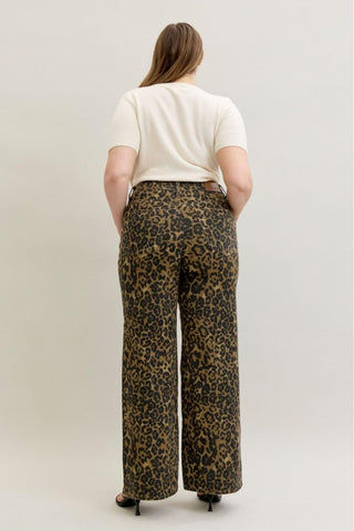 Judy Blue High Waist Retro Leopard Wide Leg Denim Jeans 881022