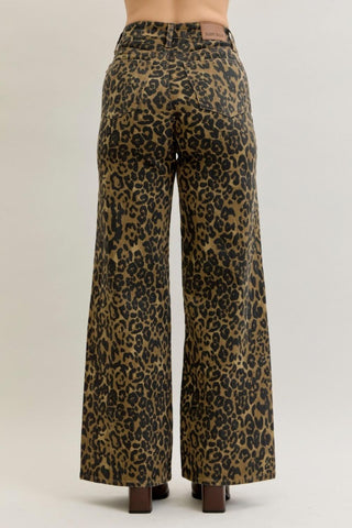 Judy Blue High Waist Retro Leopard Wide Leg Denim Jeans 881022