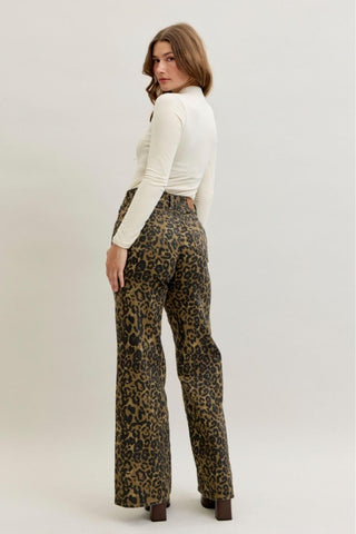 Judy Blue High Waist Retro Leopard Wide Leg Denim Jeans 881022