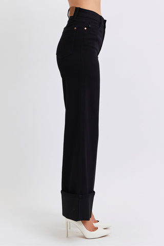 Judy Blue High Waist Retro Wide Leg Black Cuffed Denim Jeans 82617