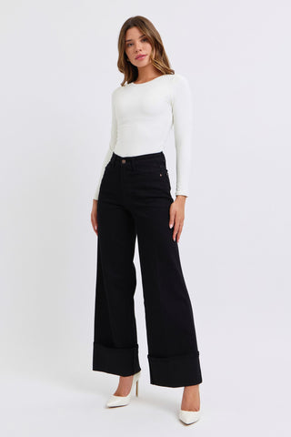 Judy Blue High Waist Retro Wide Leg Black Cuffed Denim Jeans 82617
