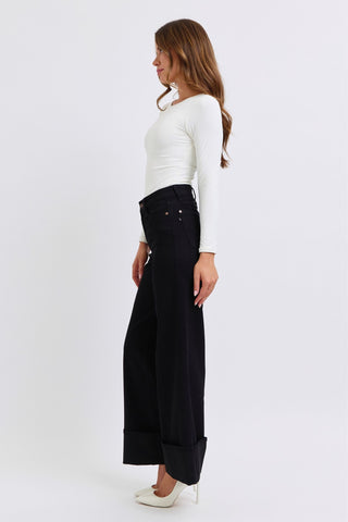 Judy Blue High Waist Retro Wide Leg Black Cuffed Denim Jeans 82617