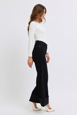 Judy Blue High Waist Retro Wide Leg Black Cuffed Denim Jeans 82617