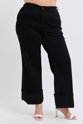 Judy Blue High Waist Retro Wide Leg Black Cuffed Denim Jeans 82617