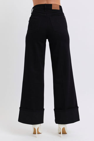 Judy Blue High Waist Retro Wide Leg Black Cuffed Denim Jeans 82617