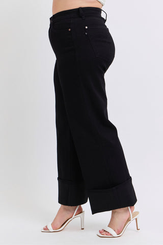 Judy Blue High Waist Retro Wide Leg Black Cuffed Denim Jeans 82617