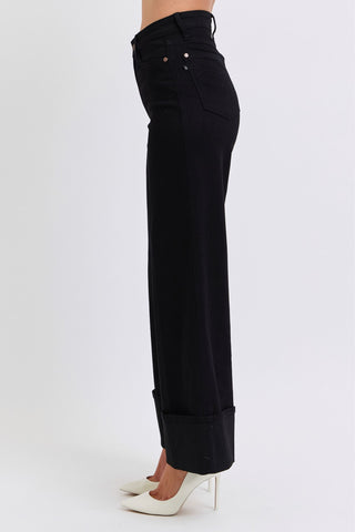 Judy Blue High Waist Retro Wide Leg Black Cuffed Denim Jeans 82617