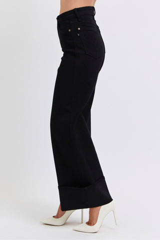 Judy Blue High Waist Retro Wide Leg Black Cuffed Denim Jeans 82617