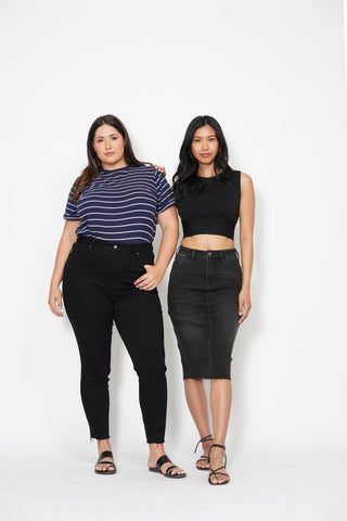 Judy Blue High Waist Rhinestone Embellished Mid Length Black Denim Skirt 2838