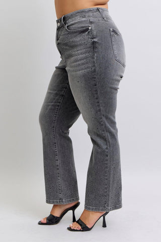 Judy Blue High Waist Rhinestone Gray Straight Denim Jeans 88919
