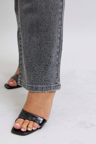 Judy Blue High Waist Rhinestone Gray Straight Denim Jeans 88919