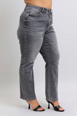 Judy Blue High Waist Rhinestone Gray Straight Denim Jeans 88919