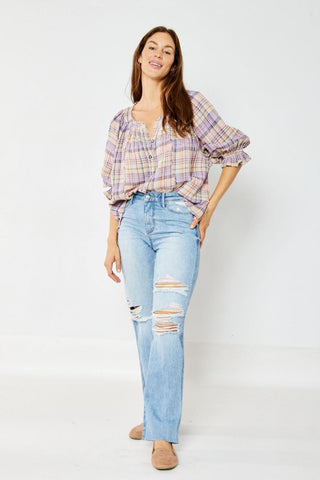 Judy Blue High Waist Rigid Magic Destroy 90's Rainbow Thread Straight Jeans 88671