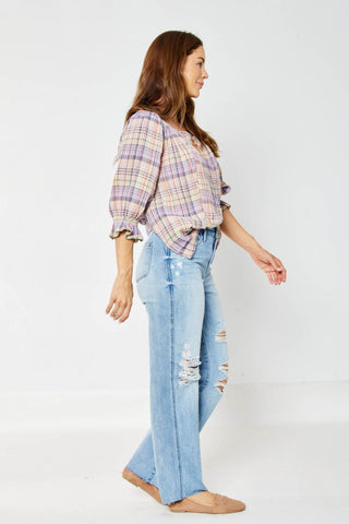 Judy Blue High Waist Rigid Magic Destroy 90's Rainbow Thread Straight Jeans 88671