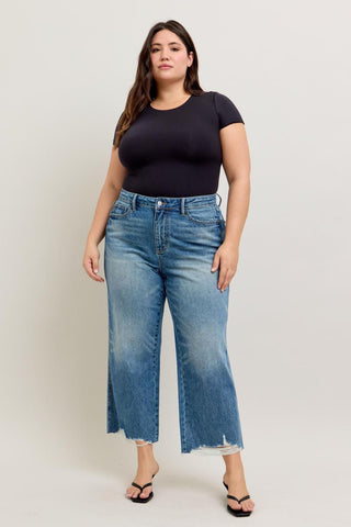 Judy Blue High Waist Rigid Magic Destroy Hem Crop Wide Leg Denim Jeans 88963