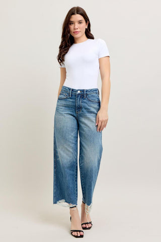 Judy Blue High Waist Rigid Magic Destroy Hem Crop Wide Leg Denim Jeans 88963