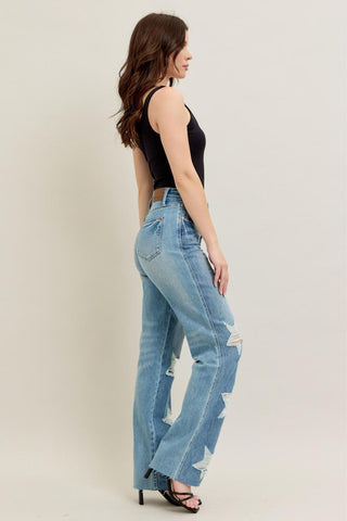 Judy Blue High Waist Rigid Magic Star Shaped Destroy 90's Straight Denim Jeans 88915
