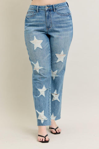 Judy Blue High Waist Rigid Magic Star Shaped Destroy 90's Straight Denim Jeans 88915