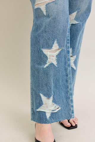 Judy Blue High Waist Rigid Magic Star Shaped Destroy 90's Straight Denim Jeans 88915